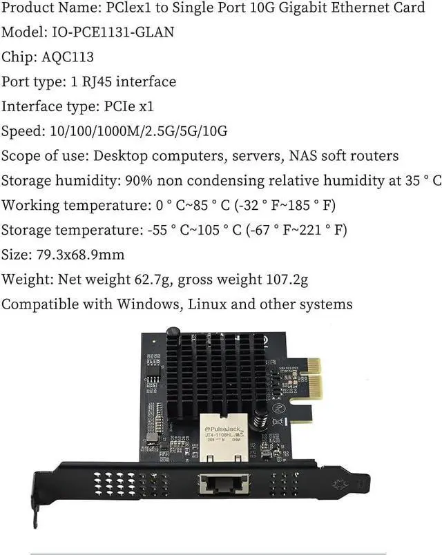 Alt view image 5 of 7 - PCIe 4.0 x1 to 10Gbps Single-Port Ethernet Network Adapter  AQC113 Chipset, RJ45 10GBase-T, High-Speed NIC for Server/Desktop/NAS