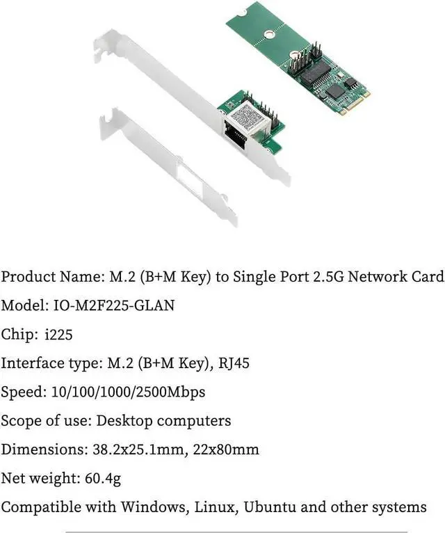 Alt view image 2 of 7 - IO-M2F225-GLAN 2.5G Single-Port Ethernet Net Work Card  I225 Chipset, M.2 B+M Key to RJ45 Adapter, for Desktop Gaming & Workstation Use