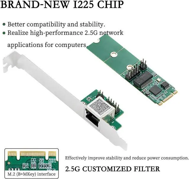 Alt view image 6 of 7 - IO-M2F225-GLAN 2.5G Single-Port Ethernet Net Work Card  I225 Chipset, M.2 B+M Key to RJ45 Adapter, for Desktop Gaming & Workstation Use