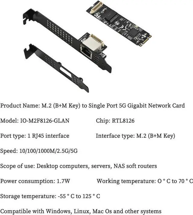 Alt view image 6 of 7 - M.2 B+MKey to 5G RJ45 Net Work Card PXE Diskless Boot Net Work Adapter for Desktops, Servers, NAS Soft Routing IO-M2F8126-GLAN