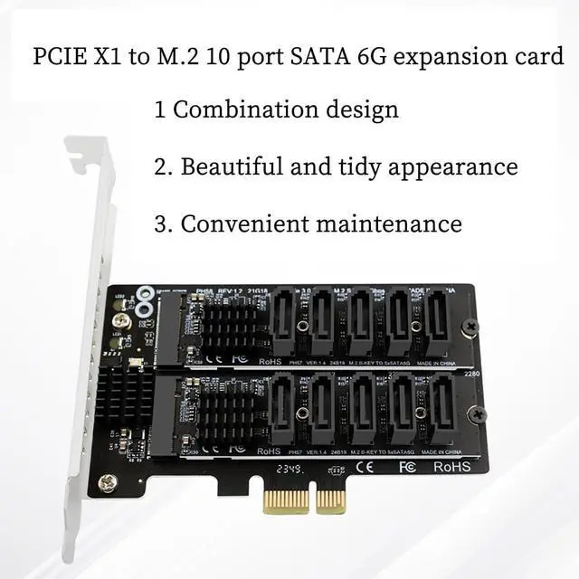Alt view image 3 of 7 - PH58+PH57 PCIE3.0 X1 to M.2 10Port SATA 6G Expansion Card 6Gbps Support PCI-E X1 X4 X8 X16 Slot