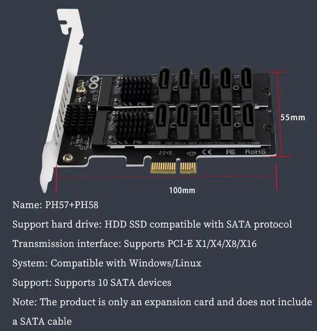 Alt view image 5 of 7 - PH58+PH57 PCIE3.0 X1 to M.2 10Port SATA 6G Expansion Card 6Gbps Support PCI-E X1 X4 X8 X16 Slot