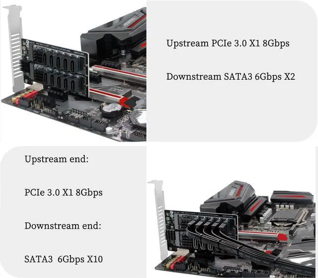 Alt view image 6 of 7 - PH58+PH57 PCIE3.0 X1 to M.2 10Port SATA 6G Expansion Card 6Gbps Support PCI-E X1 X4 X8 X16 Slot