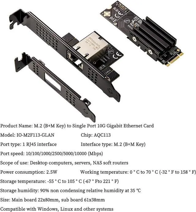 Alt view image 6 of 7 - IO-M2F113-GLAN M.2 B+M Key to 10G RJ45 Net Work Card Adapter Support Desktop, Servers, NAS Soft Routing
