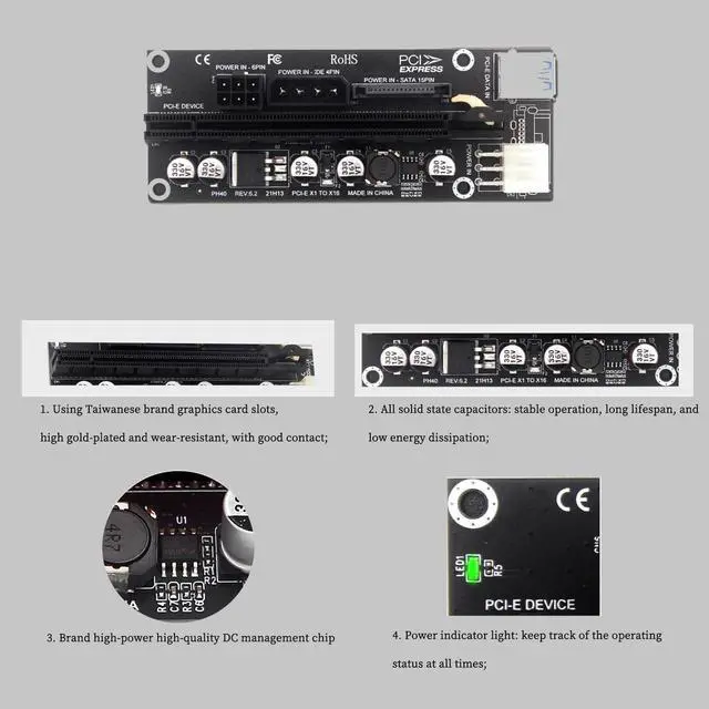 Alt view image 4 of 6 - PH40 Desktop PCIe x1 to x16 Riser Card External GPU Extension Adapter USB 3.1 High-Speed Data Transfer (Square 6PIN Interface)