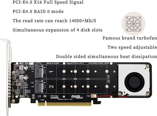 Alt view image 6 of 7 - PH44PLUS PCIe4.0 X16 to 4*M.2 M-Key NVME SSD RAID Expansion Adapter Split Card Support 2U Server
