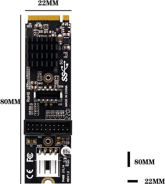 Alt view image 5 of 7 - PH69 M.2 MKEY PCIe to Front USB3.1 Type-E&C+19/20P Expansion Card with Small 4Pin Power Supply Interface