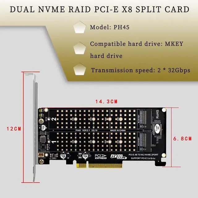 Alt view image 7 of 7 - PH45 Dual M.2 MKey Split Card PCIE4.0 X8 RAID Expansion Compatible with M.2 NVMe 2230 2242 2260 2280 22110 SSD