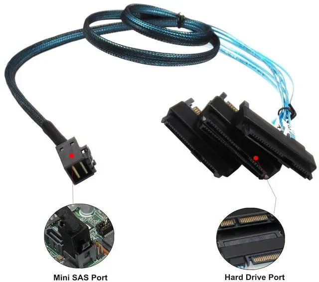 Alt view image 2 of 5 - 2PCS SFF-8643 Internal Mini SAS HD to (4) 29pin SFF-8482 connectors with SAS 15pin Power Port 12GB/S Cable 1M 3.3 feet