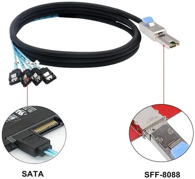 Alt view image 2 of 6 - Mini SAS 26P SFF 8088 Male to 4 SATA 4Pin Female 1M 3.3FTCable with Latch,Mini SAS Host/Controller to 4 SATA Target/Backplane - OEM