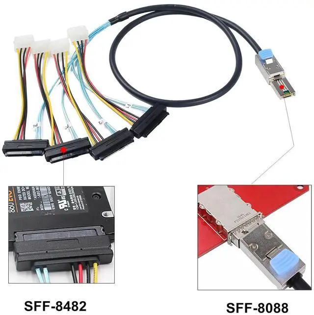 Alt view image 2 of 6 - Heretom 2PCS Mini-SAS SFF-8088 26P to 4 X SAS SFF-8482 29 Pin with Power Cable 1 Meter 3.3FT - OEM