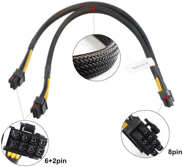 Alt view image 2 of 4 - Power Cable 8pin to Dula 6+2pin Power Adapter Cable for D-ELL PowerEdge R530 R720 R720XD R730 R730XD T620 T630 T640 and NVIDIA Tesla GPU J30DG, Cable Length 35cm - OEM