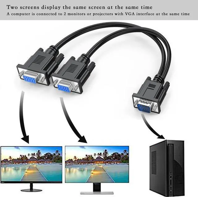Alt view image 6 of 7 - VGA 1 to 2 Splitter Cable Bi-Directional Data Transfer 1080P Male to Female Adapter 30cm for VGA Interface Desktop Monitor Game Consoles (Black 1Piece)