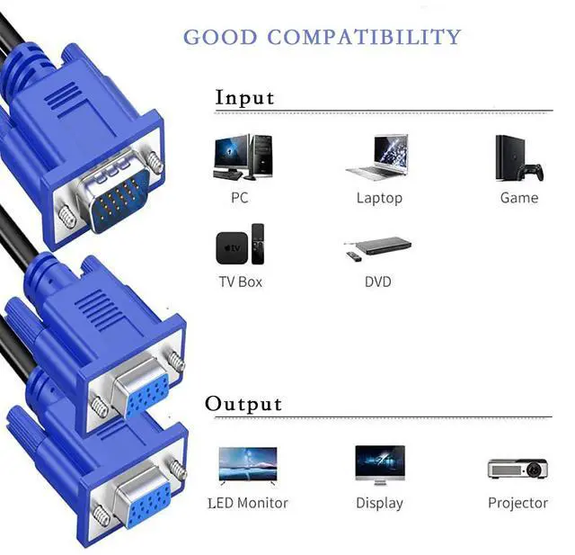 Alt view image 2 of 7 - VGA 1 to 2 Splitter Cable Bi-Directional Data Transfer 1080P Male to Female Adapter 30cm for VGA Interface Desktop Monitor Game Consoles (Blue 1Piece)