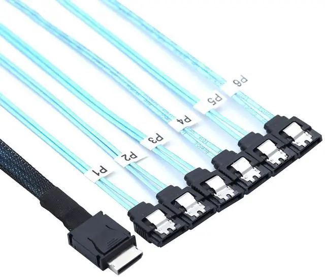 Alt view image 5 of 6 - PCIe Oculink SFF-8611 4i to 6X SATA 7P Female Cable  12Gbps High Speed Server Hard Drive Converter Cable, 32AWG Low-Loss Wire (1M)