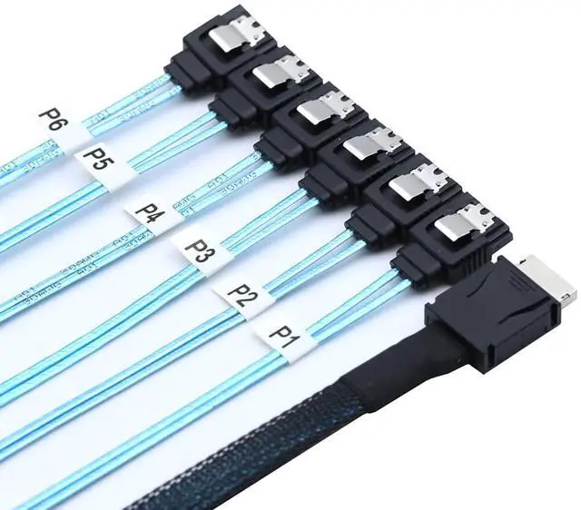 Alt view image 3 of 6 - PCIe Oculink SFF-8611 4i to 6X SATA 7P Female Cable  12Gbps High Speed Server Hard Drive Converter Cable, 32AWG Low-Loss Wire (1M)