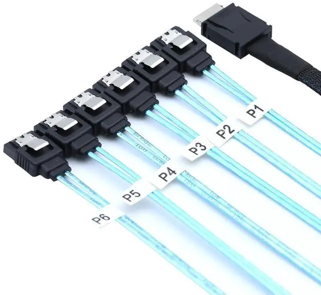 Alt view image 4 of 6 - PCIe Oculink SFF-8611 4i to 6X SATA 7P Female Cable  12Gbps High Speed Server Hard Drive Converter Cable, 32AWG Low-Loss Wire (1M)