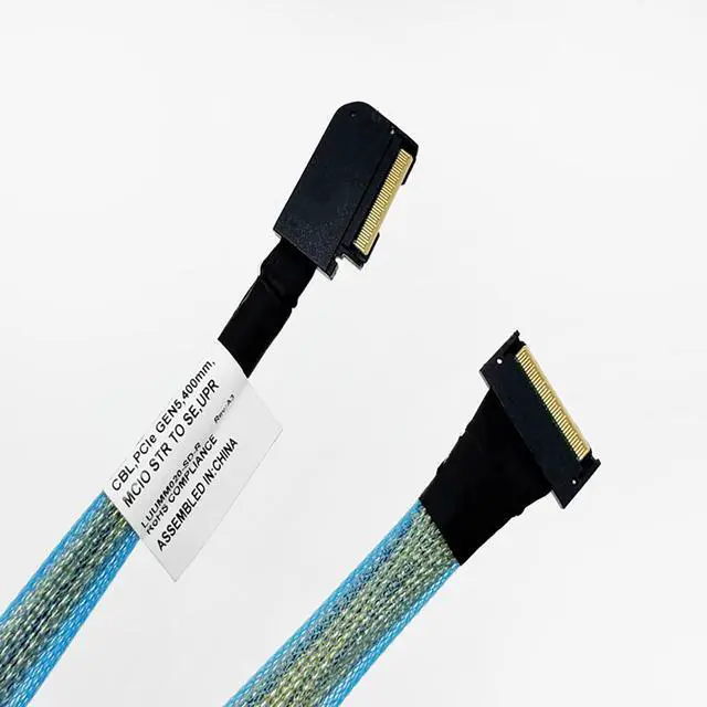 Alt view image 2 of 3 - PCIE5.0 MCIO x8 to MCIO 8i Extension Cable 32Gbps High-Speed Crossings U.2 Hard Disk Cable for Server (Blue Straight to Side Bend 40cm)