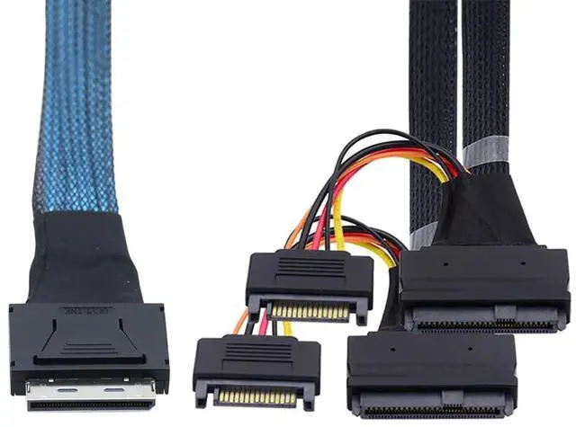 Main image of OCuLink PCIe SFF-8611 8X to Dual SFF-8639 U.2 Cable with 15-Pin SATA Power, 32AWG Copper High-Speed Harness, 12Gbps Data Transfer (0.5M/19.68in)