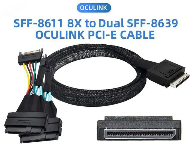 Alt view image 4 of 6 - OCuLink PCIe SFF-8611 8X to Dual SFF-8639 U.2 Cable with 15-Pin SATA Power, 32AWG Copper High-Speed Harness, 12Gbps Data Transfer (0.5M/19.68in)