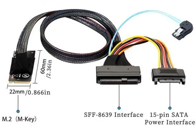 Alt view image 2 of 6 - M.2 M-Key SFF-8643 to U.2 SFF-8639 with SATA 15Pin and 7Pin Right Angle Cable  12Gbps High Speed 32AWG Server Data Cable for NVMe SSD, RAID Controller (1m/39.37in)
