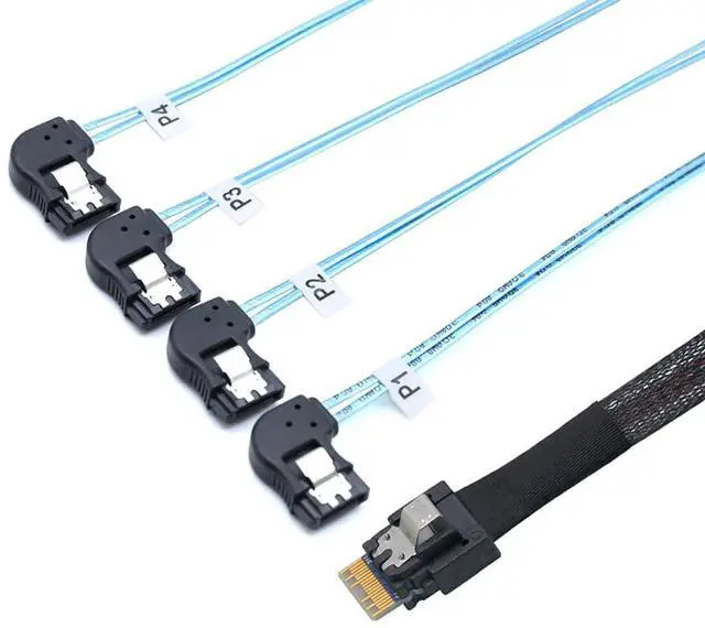 Main image of PCIE Slimline SAS 4.0 SFF-8654 38Pin to 4* SATA 7Pin Left Angle Cable \u2013 High Speed 30AWG Server Data Transfer Cable Compatible with RAID Controller, HDD, SSD (1m/39.37in)