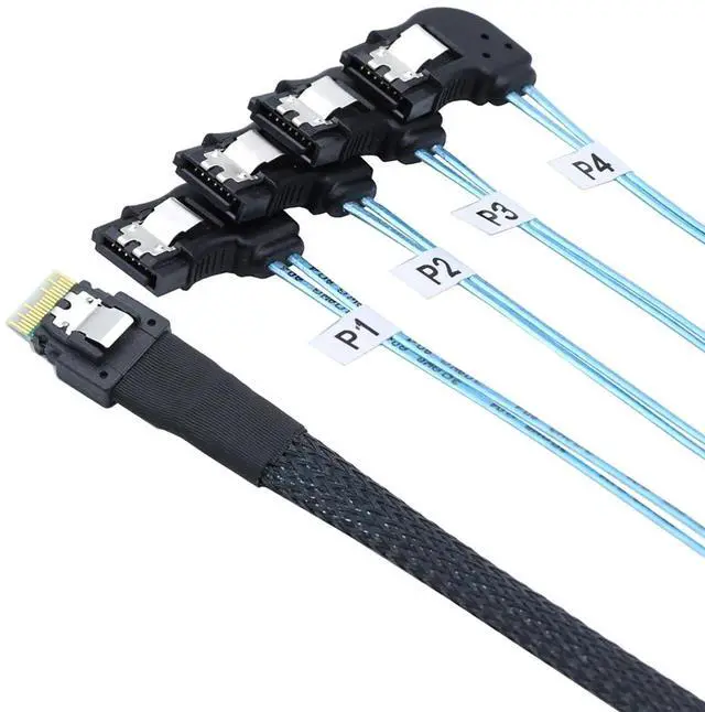 Alt view image 5 of 6 - PCIE Slimline SAS 4.0 SFF-8654 38Pin to 4* SATA 7Pin Left Angle Cable \u2013 High Speed 30AWG Server Data Transfer Cable Compatible with RAID Controller, HDD, SSD (1m/39.37in)