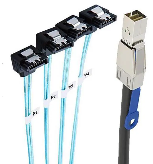 Alt view image 2 of 5 - Mini SAS HD SFF-8644 to 4X SATA 7Pin Female 90 Degree Cable with IC \u2013 6Gbps High Speed 28AWG Server Hard Drive Connector for RAID Controller, HDD, SSD (0.5M/19.68in)