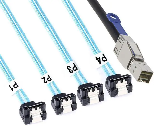 Main image of Mini SAS HD SFF-8644 to 4X SATA 7Pin Female 90 Degree Cable with IC \u2013 6Gbps High Speed 28AWG Server Hard Drive Connector for RAID Controller, HDD, SSD (0.5M/19.68in)