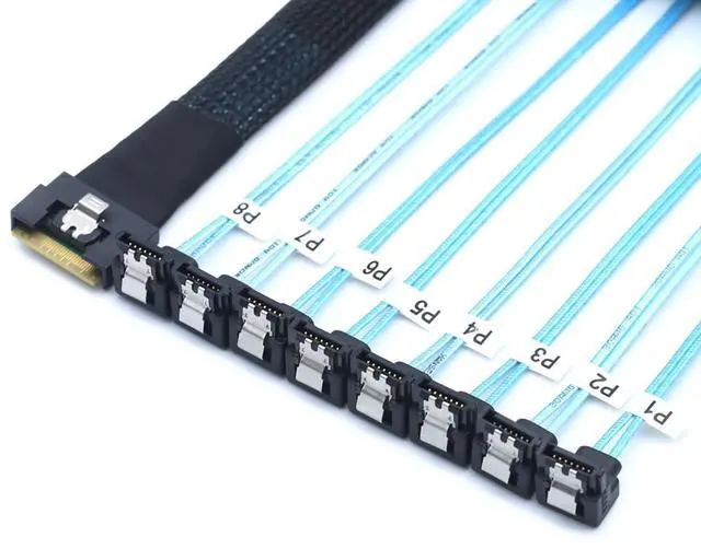 Alt view image 6 of 6 - PCI-E Slimline SAS SFF-8654 8i to 8X SATA 90-Degree Cable, Full Cover Anti-Misplug Design,24Gbps High-Speed Server Data Cable (1m/39.37in)