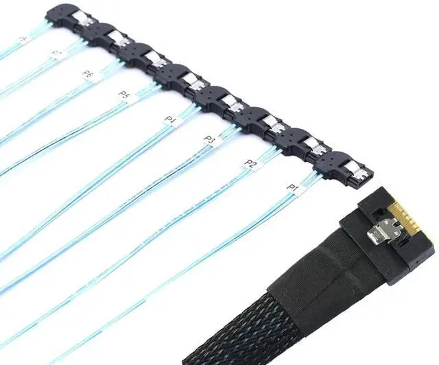 Alt view image 3 of 6 - Slimline 4.0 SFF-8654 8i to 8X SATA Right-Angle Cable, Full Cover Anti-Misplug Design, 24Gbps High-Speed Server Hard Drive Data Cable Compatible with RAID Controller, Workstation (0.5M/19.68in)