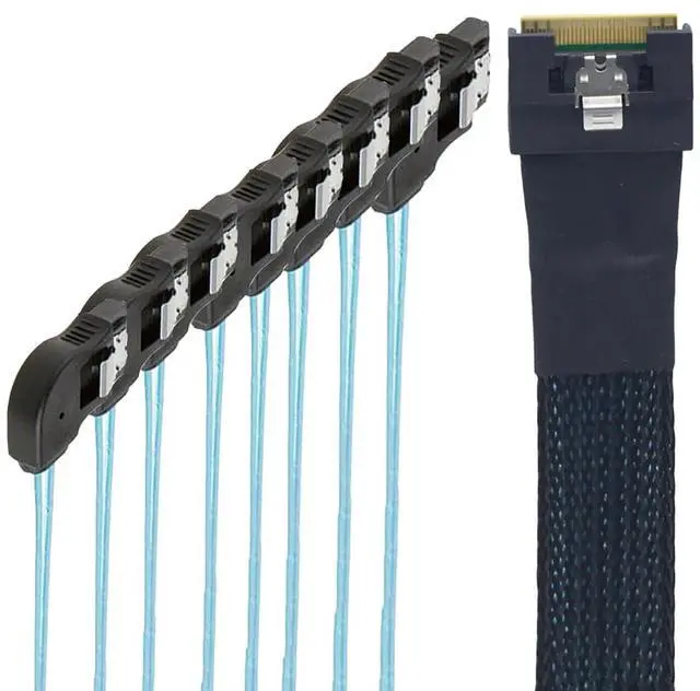 Alt view image 2 of 6 - Slimline 4.0 SFF-8654 8i to 8X SATA Right-Angle Cable, Full Cover Anti-Misplug Design, 24Gbps High-Speed Server Hard Drive Data Cable Compatible with RAID Controller, Workstation (0.5M/19.68in)