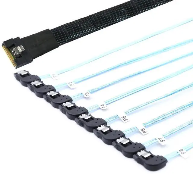 Alt view image 6 of 6 - Slimline 4.0 SFF-8654 8i to 8X SATA Right-Angle Cable, Full Cover Anti-Misplug Design, 24Gbps High-Speed Server Hard Drive Data Cable Compatible with RAID Controller, Workstation (0.5M/19.68in)