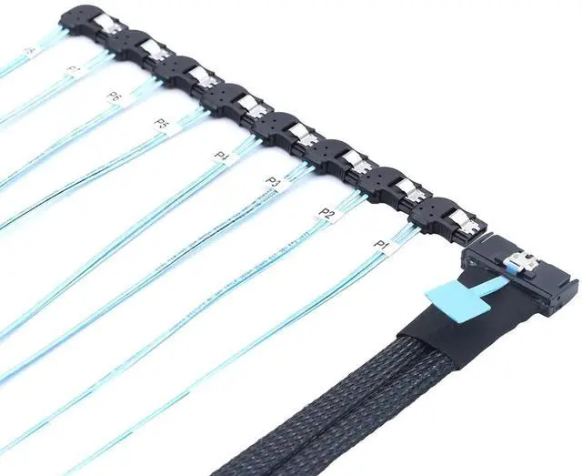 Alt view image 3 of 6 - MCIO PCIe Slimline SFF-8654 8i to 8* SATA 7P Right Angle Hard Drive Converter Cable \u2013 32AWG 85m High Speed Internal Harness (0.5M/19.68in)