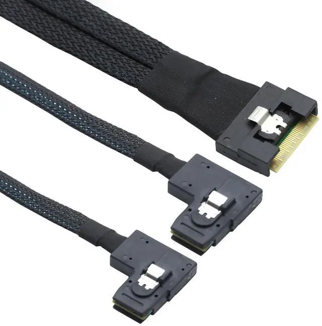 Alt view image 6 of 6 - Anti-Misplug PCIe Slimline SAS SFF-8654 8i to Dual SAS SFF-8087 Right-Angle Server Cable, 32AWG High-Speed Copper Wire Harness (0.5M/19.68in)