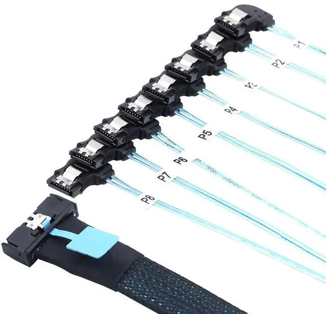 Alt view image 4 of 6 - MCIO PCIe Slimline SFF-8654 8i to 8* SATA 7P Left Angle Female Hard Drive Converter Cable  32AWG High Speed Server Internal Harness (0.5M)