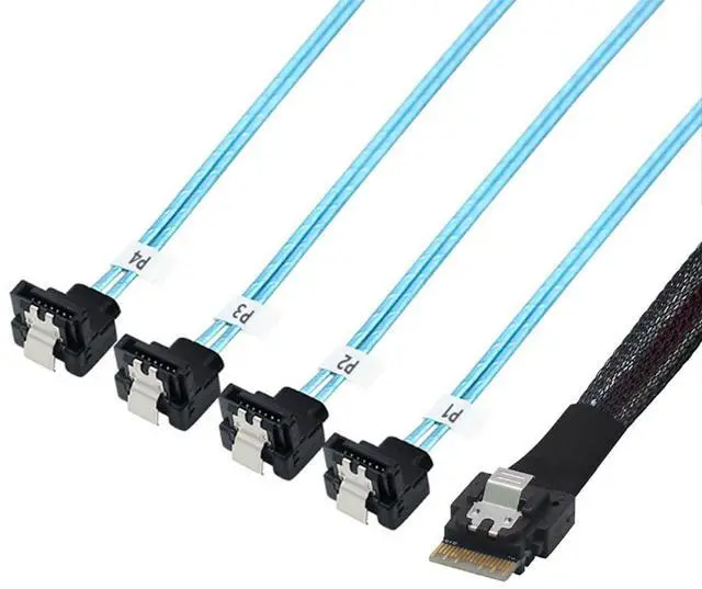 Main image of PCIe Slimline SAS 4.0 38pin SFF-8654 4i to 4X SATA 90 Degree Female Server Cable \u2013 30AWG High Speed Internal Harness (1m/39.37in)