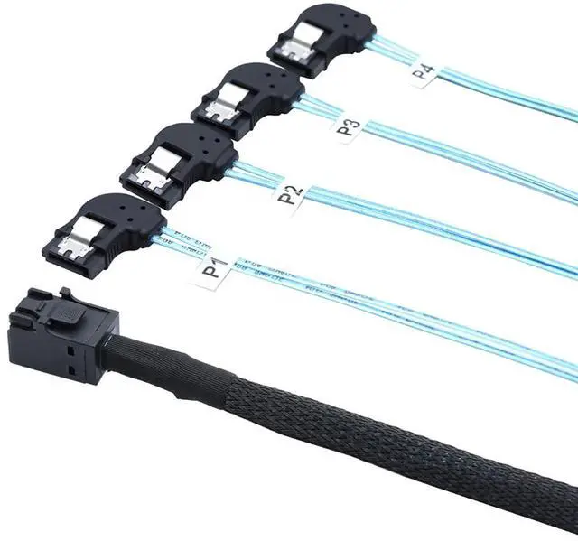 Alt view image 5 of 6 - Mini SAS HD SFF-8643 to 4X SATA Left Angle Internal High Speed Server Cable \u2013 30AWG 12Gbps Breakout Harness (0.5M/19.68in)