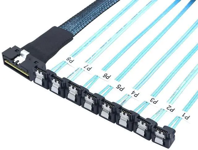 Alt view image 2 of 6 - SlimSAS LP Low Profile SFF-8654 8i 74P to 8* SATA 7P 90 Degree Cable  30AWG Server Internal High Speed Connection Harness (1M)