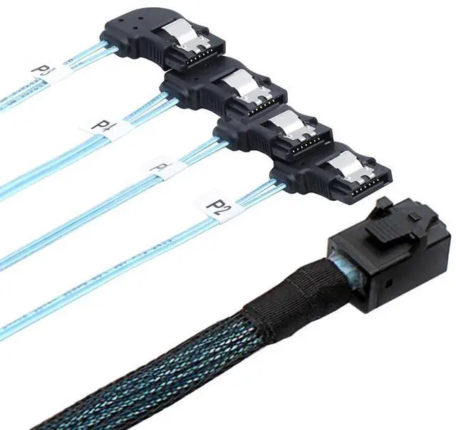 Main image of Mini SAS HD SFF-8643 to 4×SATA Right-Angle Internal High-Speed Server Cable, 30AWG 12G Copper Wire Harness (1m/39.37in)