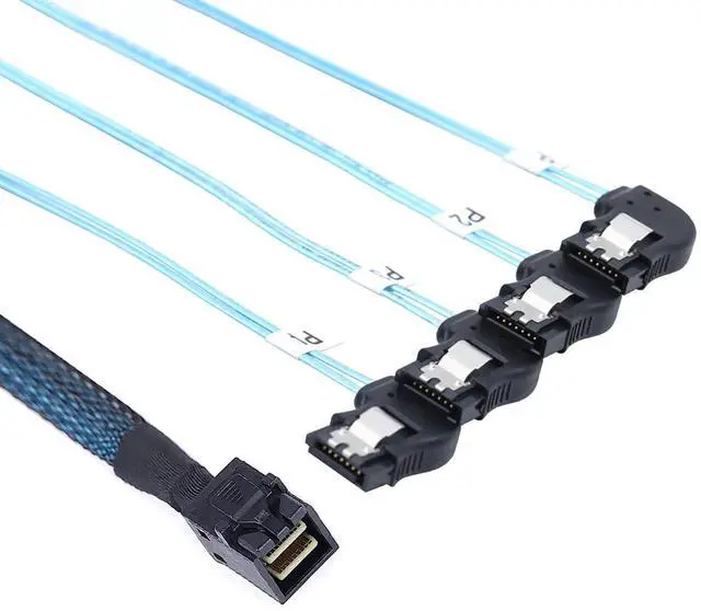 Alt view image 3 of 5 - Mini SAS HD SFF-8643 to 4×SATA Right-Angle Internal High-Speed Server Cable, 30AWG 12G Copper Wire Harness (1m/39.37in)