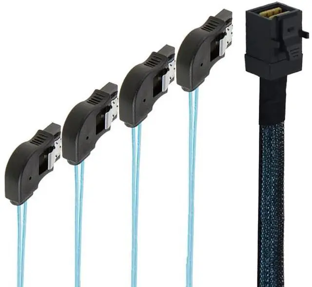 Alt view image 2 of 5 - Mini SAS HD SFF-8643 to 4×SATA Right-Angle Internal High-Speed Server Cable, 30AWG 12G Copper Wire Harness (1m/39.37in)