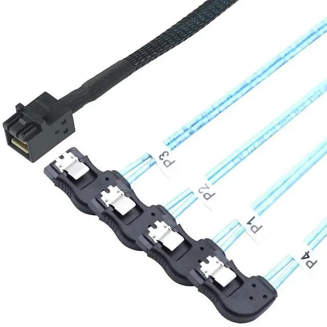 Alt view image 4 of 5 - Mini SAS HD SFF-8643 to 4×SATA Right-Angle Internal High-Speed Server Cable, 30AWG 12G Copper Wire Harness (1m/39.37in)