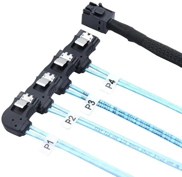 Alt view image 5 of 5 - Mini SAS HD SFF-8643 to 4×SATA Right-Angle Internal High-Speed Server Cable, 30AWG 12G Copper Wire Harness (1m/39.37in)