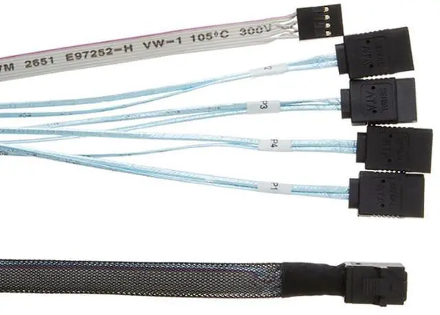 Alt view image 3 of 5 - Compatible with Mini SAS HD SFF-8643 \u2014 to 4X SATA 7Pin Sideband Female Cable, 30AWG Copper, 12G High-Speed Internal Server Harness (1m/39.37in)