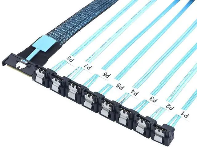 Alt view image 2 of 6 - MCIO PCIe SAS SFF-8654 8i 74Pin to 8* SATA 7Pin Female 90-Degree Cable \u2013 32AWG High-Speed Server Hard Drive Adapter (1M)