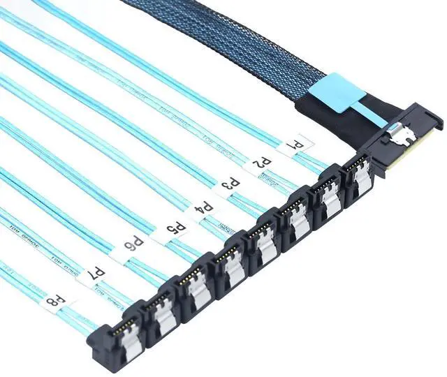 Main image of MCIO PCIe SAS SFF-8654 8i 74Pin to 8* SATA 7Pin Female 90-Degree Cable \u2013 32AWG High-Speed Server Hard Drive Adapter (1M)