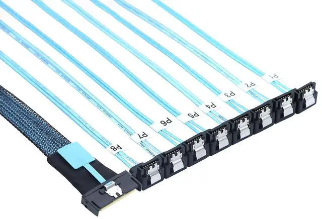Alt view image 4 of 6 - MCIO PCIe SAS SFF-8654 8i 74Pin to 8* SATA 7Pin Female 90-Degree Cable \u2013 32AWG High-Speed Server Hard Drive Adapter (1M)