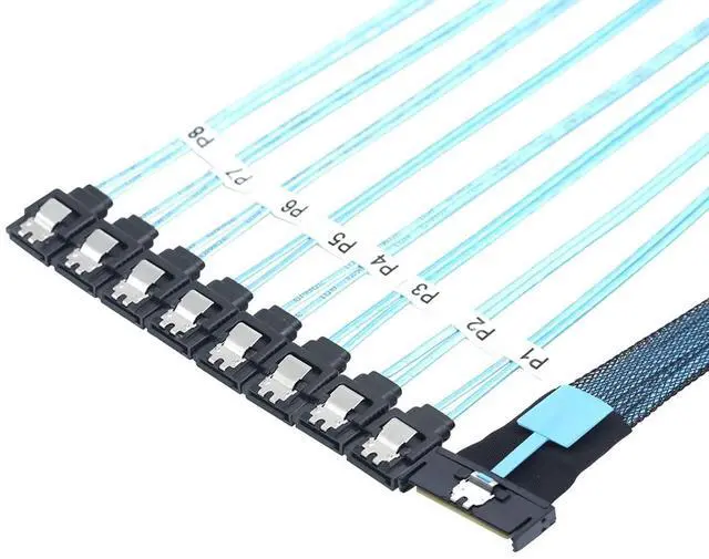 Main image of MCIO PCIe SAS SFF-8654 8i to 8X SATA 7P Female Straight Cable \u2013 High Speed Server Hard Drive Converter Cable, 32AWG, 85 Ohm (0.5M)