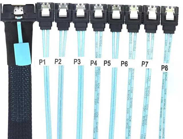 Alt view image 5 of 6 - MCIO PCIe SAS SFF-8654 8i to 8X SATA 7P Female Straight Cable \u2013 High Speed Server Hard Drive Converter Cable, 32AWG, 85 Ohm (0.5M)